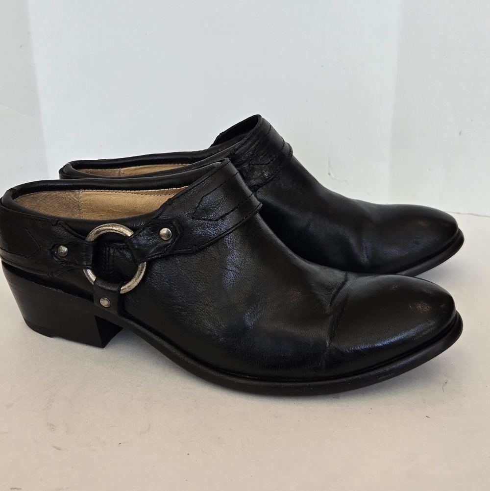 Frye Black Leather Harnes Mules Clogs
